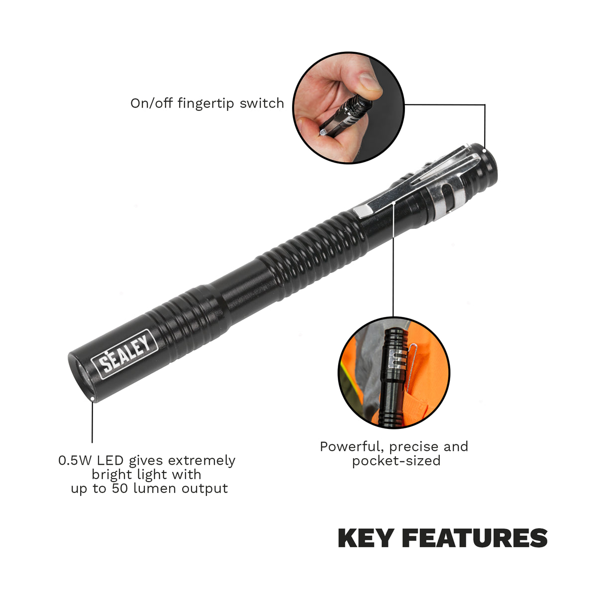 Sealey Aluminium Pen Light Lamp 0.5W LED 50lm 130mm Long Pocket Size LED043