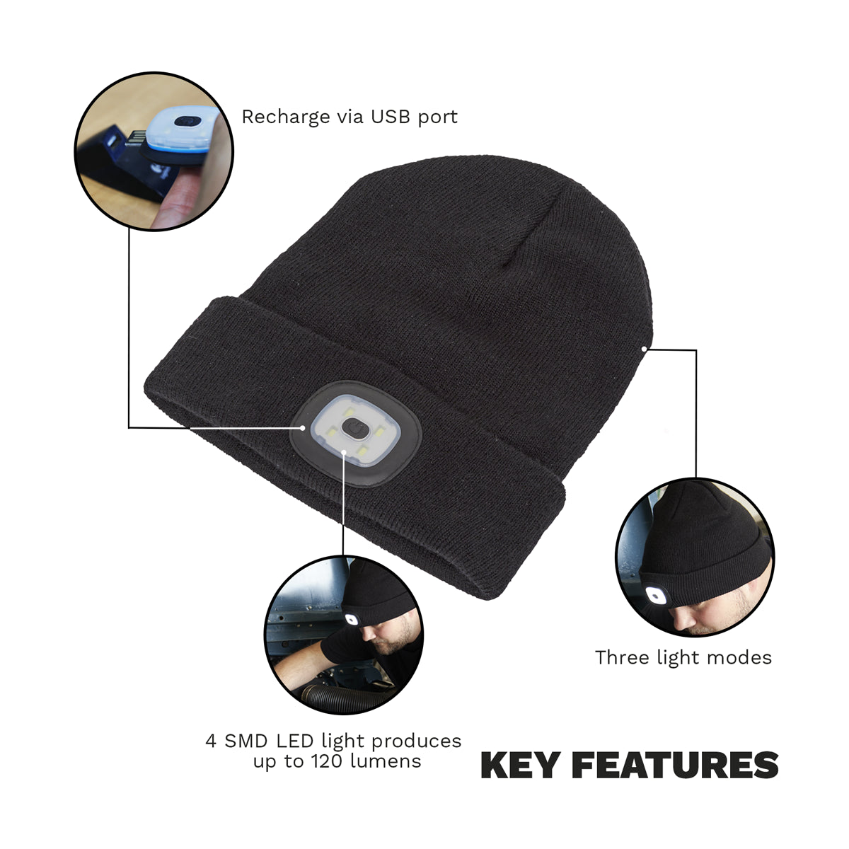 Sealey Beanie Hat 4 SMD LED USB Rechargeable Head Light Lamp Torch Cap LED185