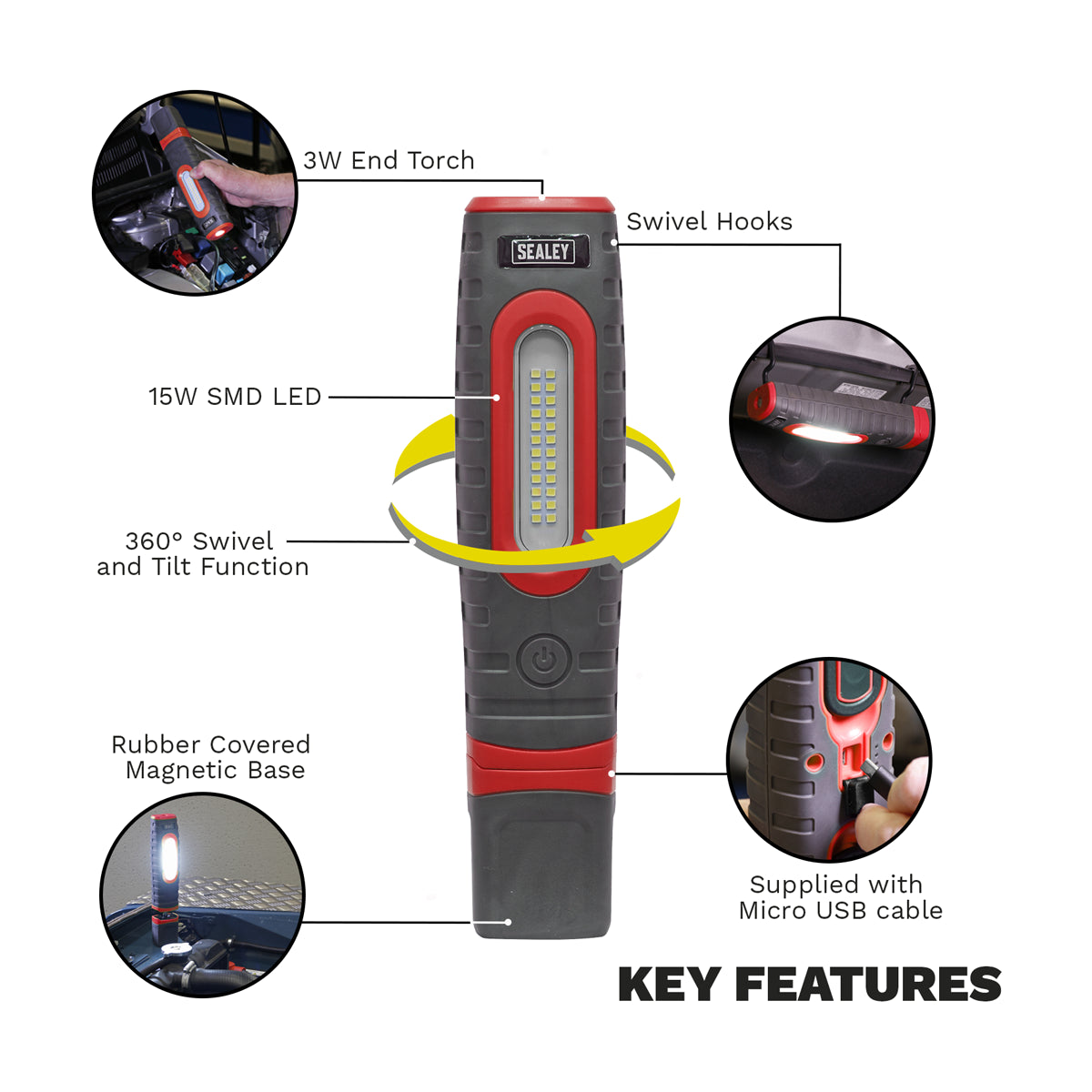 Sealey Rechargeable Inspection Lamp 360 Degree 24 SMD 3W SMD LED Red LED3606R