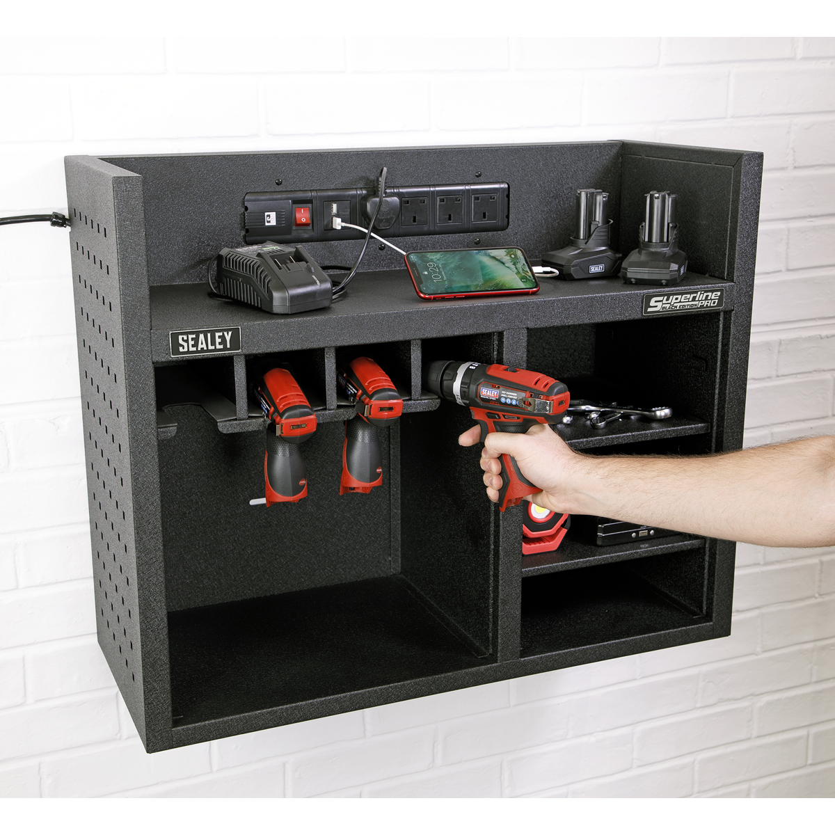 Sealey 760mm Power Tool Storage Rack With Power Strip Tool Organiser AP30SRBE