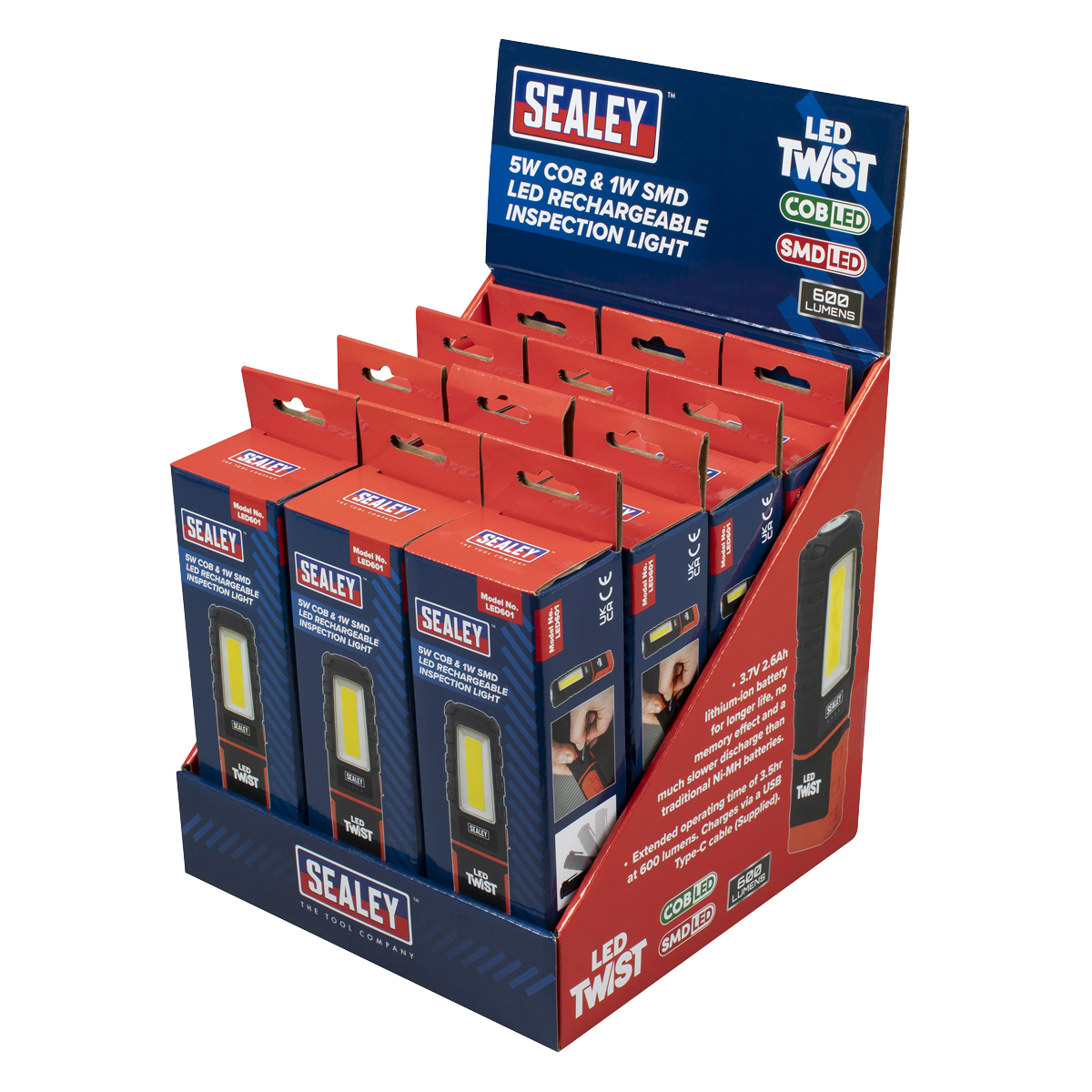 Sealey LED Twist Rechargeable Inspection Light 5W COB & 1W 12 Pieces LED601DB