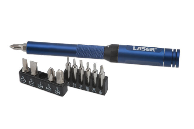 LASER 8244 11Pcs Ratchet Screwdriver Set 1/4" & 4mm Bits Aluminium Handle Grip