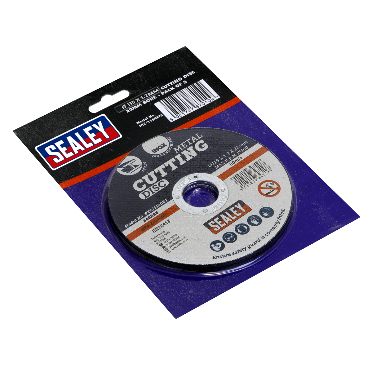 Sealey Flat Cutting Disc Ø115 x 1.2mm Ø22mm Bore - Pack of 5 Pieces PTC/115CET5