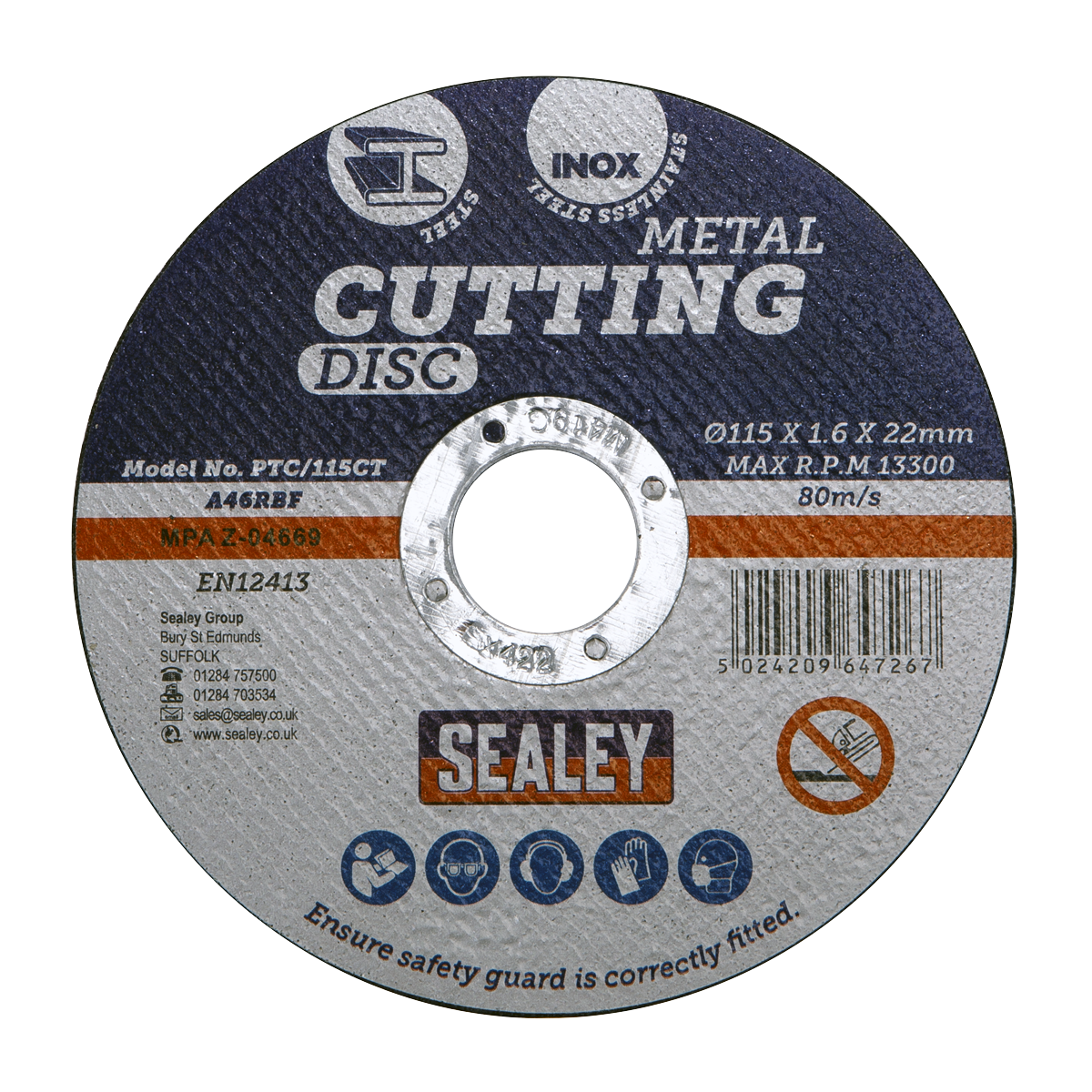 Sealey General Purpose Flat Cutting Disc Ø115 x 1.6mm Ø22mm Bore PTC/115CT