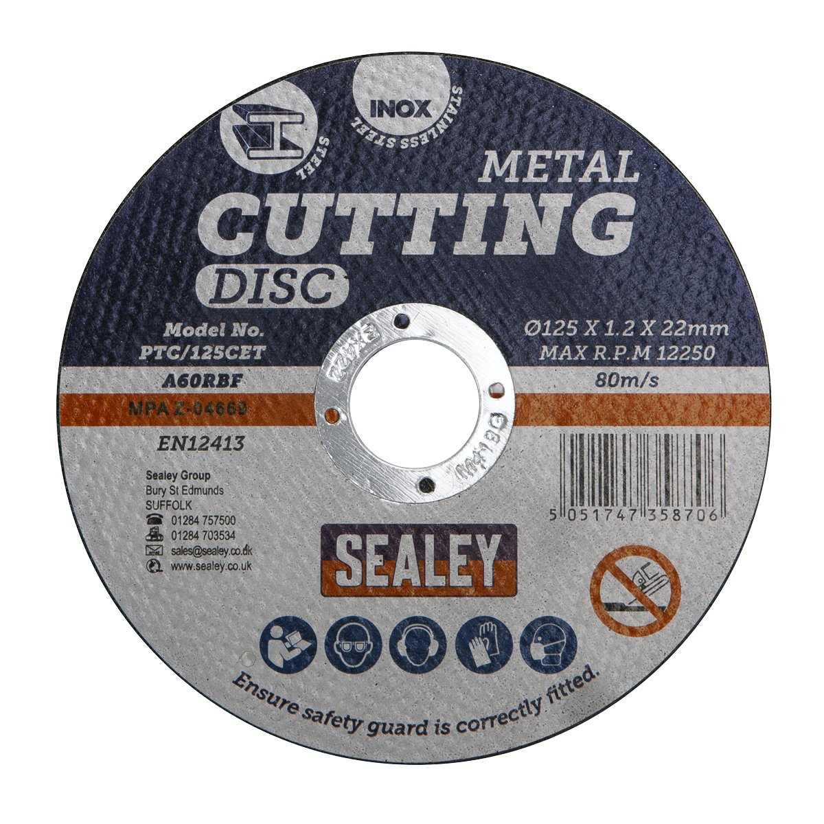 Sealey General Purpose Flat Cutting Disc Ø125mm x 1.2mm Ø22mm Bore PTC/125CET