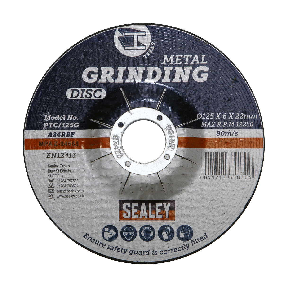 Sealey Ø125 x 6mm Grinding Disc Aluminium Oxide Ø22mm Bore Multicolour PTC/125G