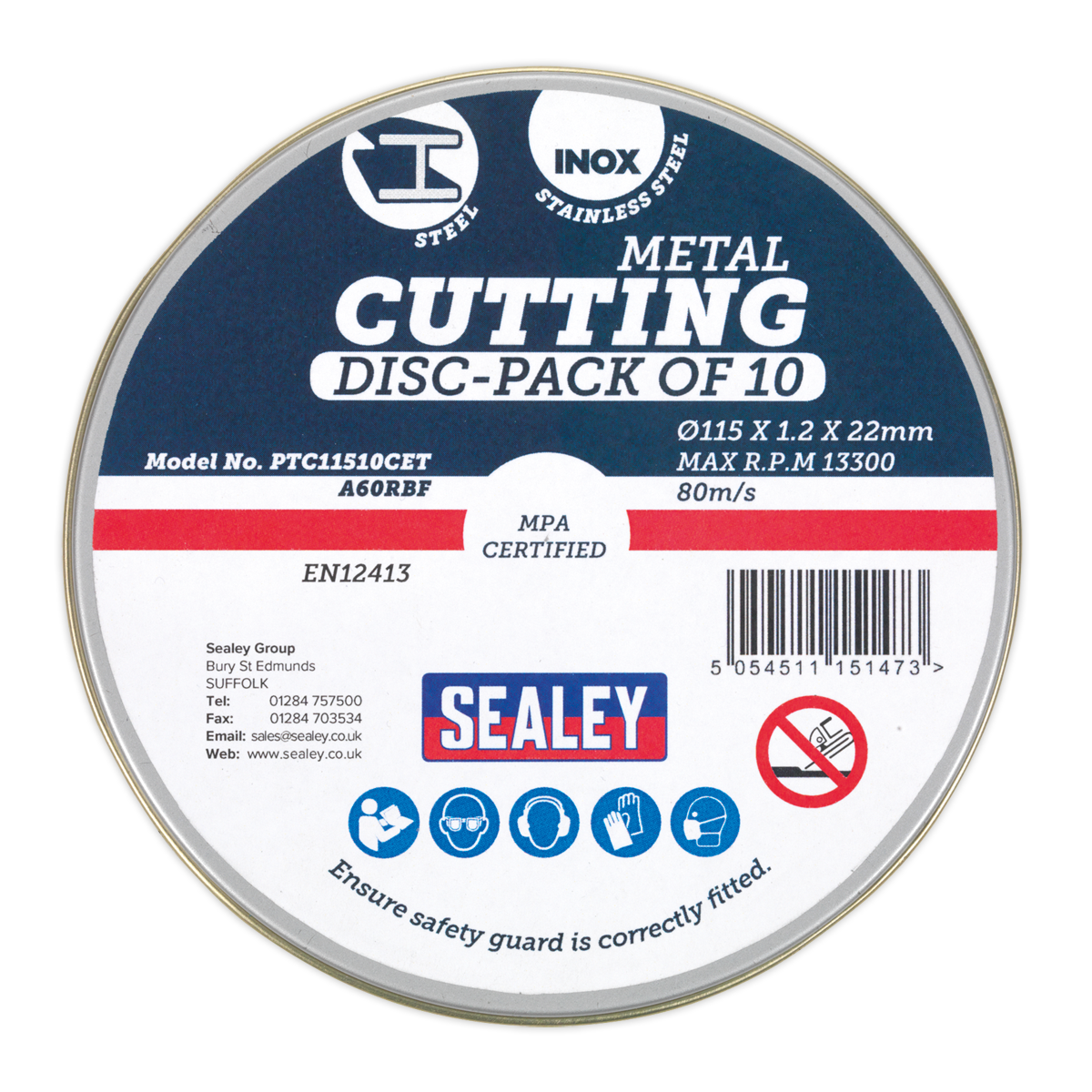 Sealey Flat Cutting Disc Ø115mm x 1.2mm Ø22mm Bore Pack of 10 Pieces PTC11510CET