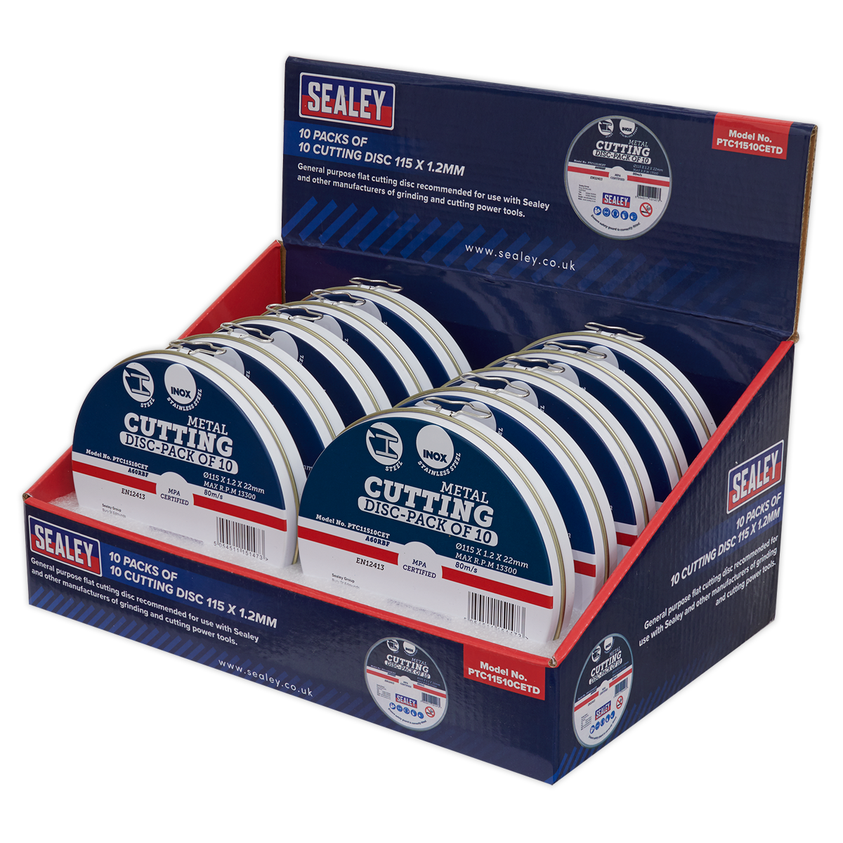 Sealey Cutting Disc Ø115x1.2mm Counter Top Display Box 10 Packs x10 PTC11510CETD