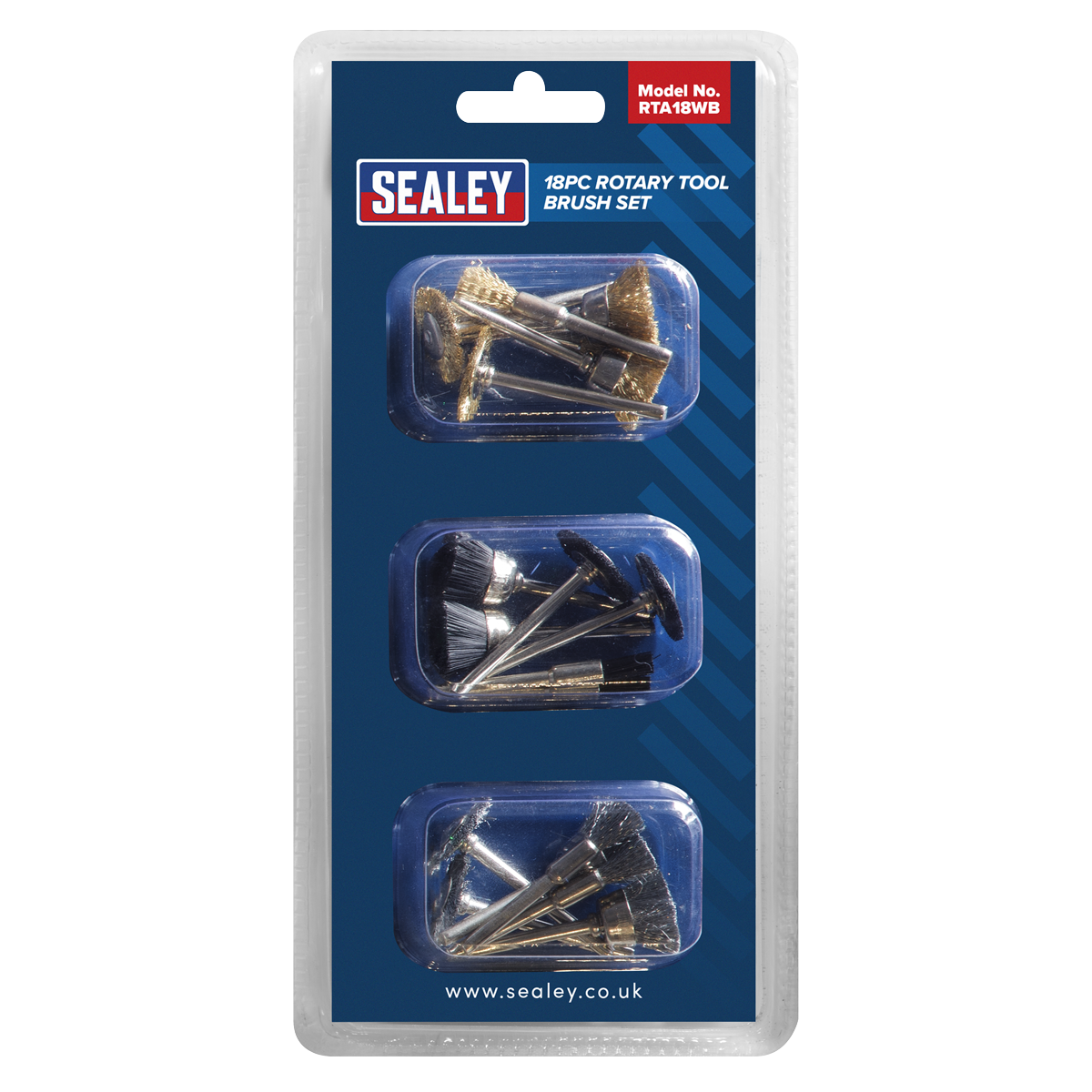 Sealey Rotary Tool Brush Set Includes Soft Brass Steel Wire Nylon 18pc RTA18WB