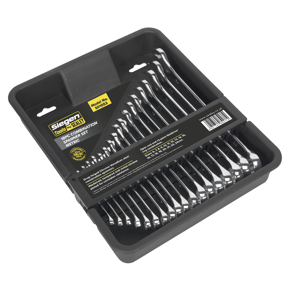 Sealey Combi Spanner Set Drop-Forged Chrome Vanadium Steel 18 Pieces S01052