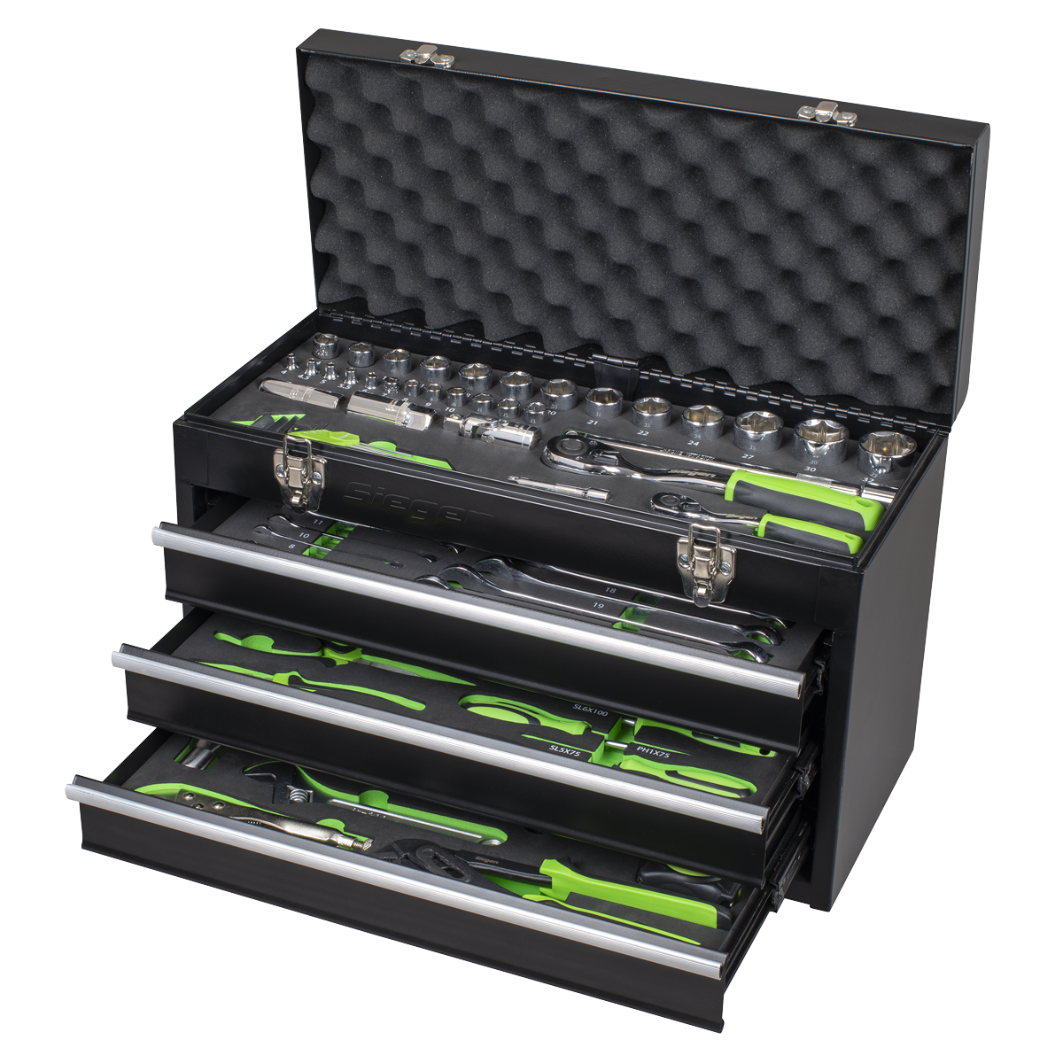 Siegen Portable Tool Chest 3 Drawer With 98 Pieces Tool Kit 1/4" 1/2" Tools