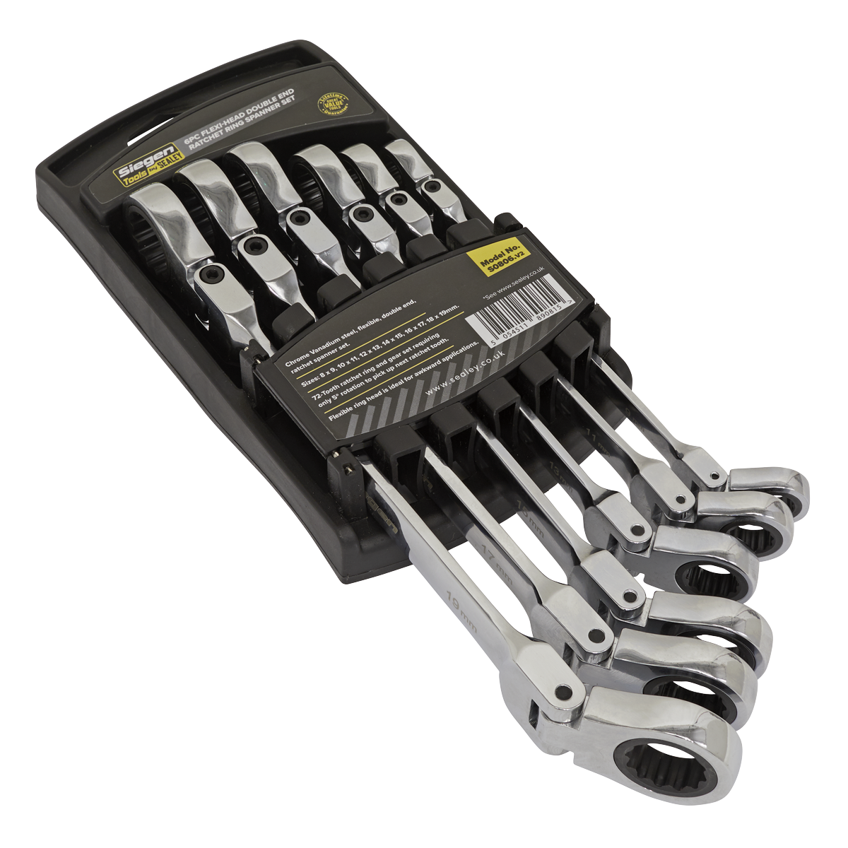Sealey Flexi-Head Double End Ratchet Ring Spanner Set 6 Pieces Metric S0806