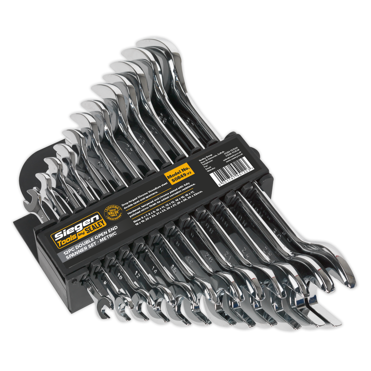 Sealey Double Open End Spanner Set Chrome Vanadium Steel 12 Pieces S0849