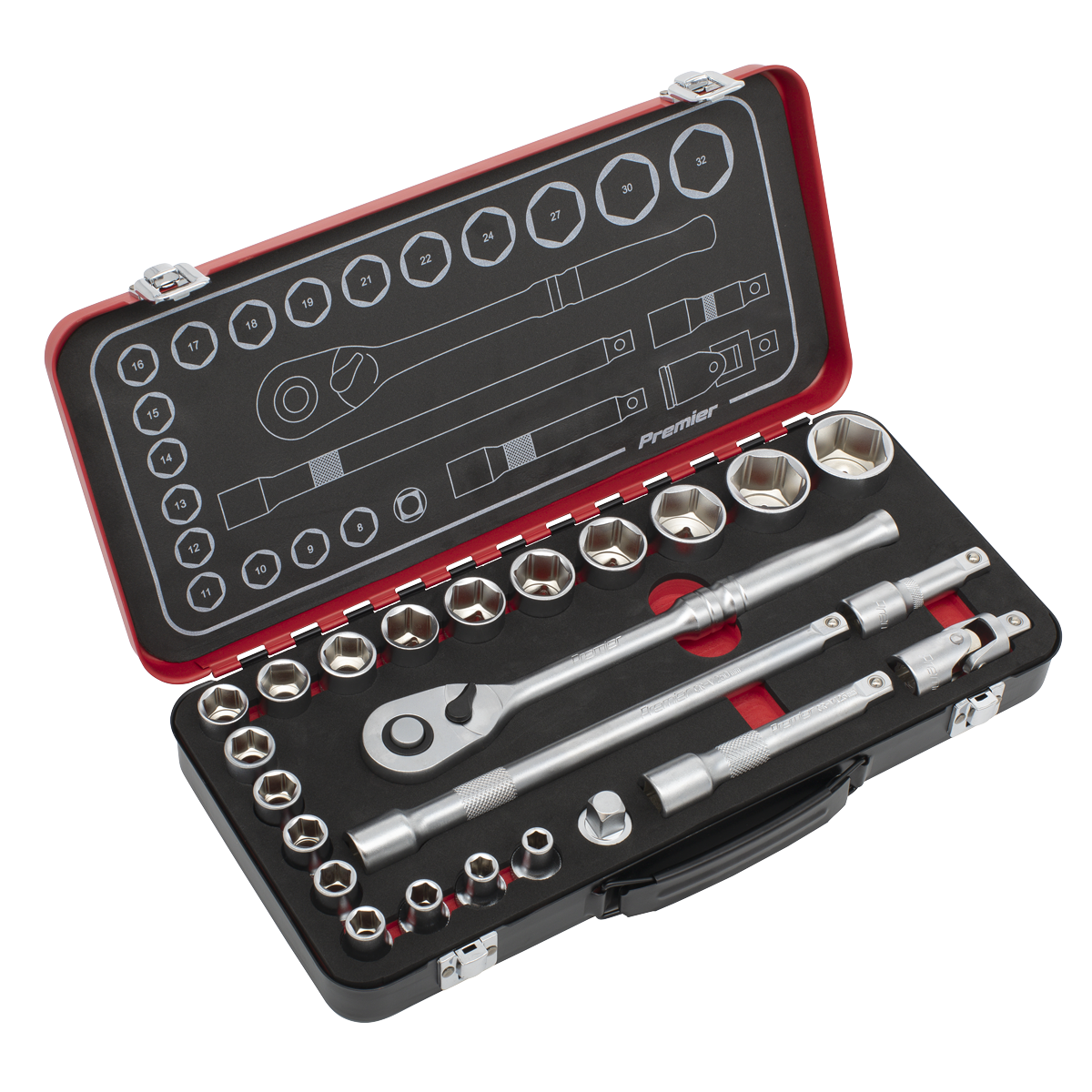 Premier Platinum Socket Set 1/2" Square Drive 24 Pieces 90-Tooth Ratchet + Case