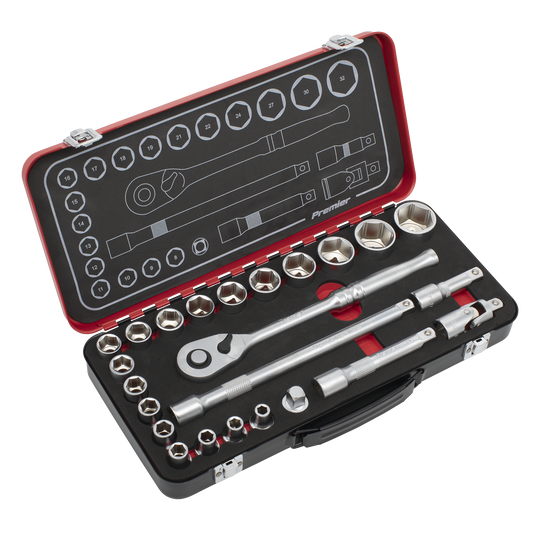 Premier Platinum Socket Set 1/2" Square Drive 24 Pieces 90-Tooth Ratchet + Case