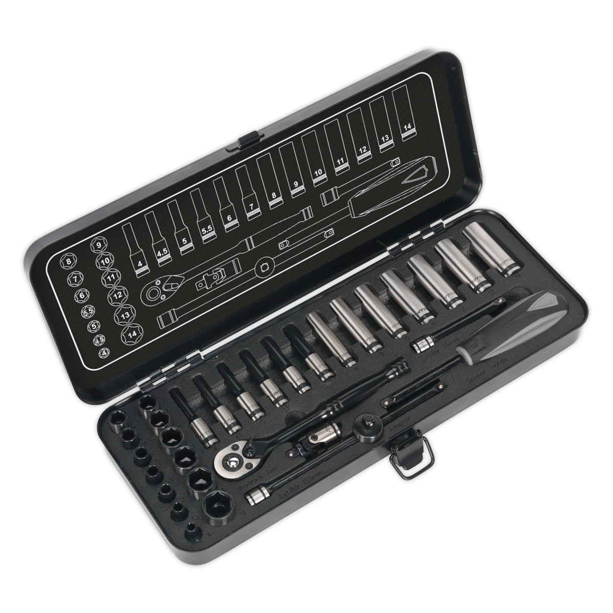 Sealey 32 Pieces 1/4" Drive 6PT WallDrive Metric Black Series Socket Set AK7970