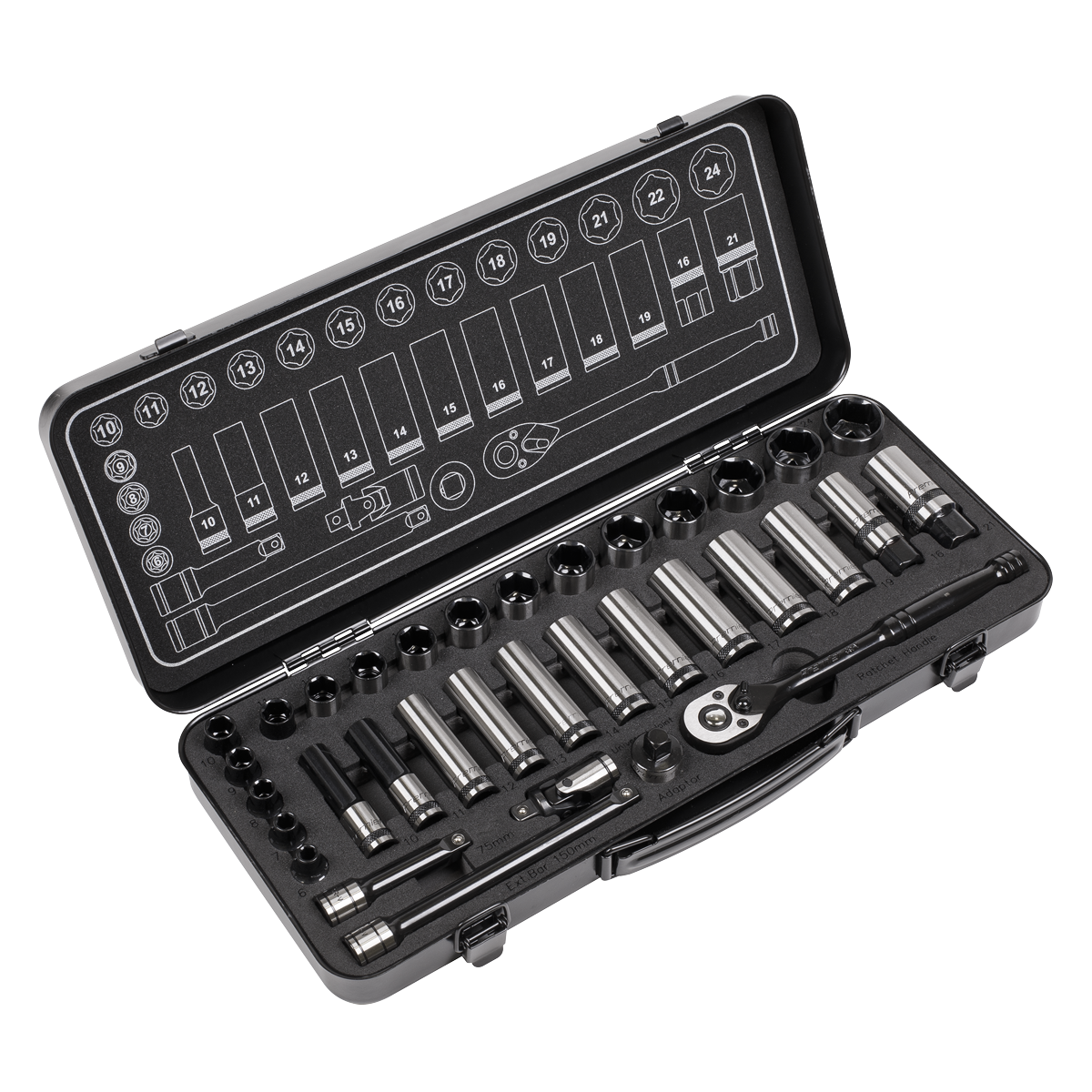 Sealey 34 Pcs 3/8" Square Drive 6 Point WallDrive Black Series Socket Set AK7971