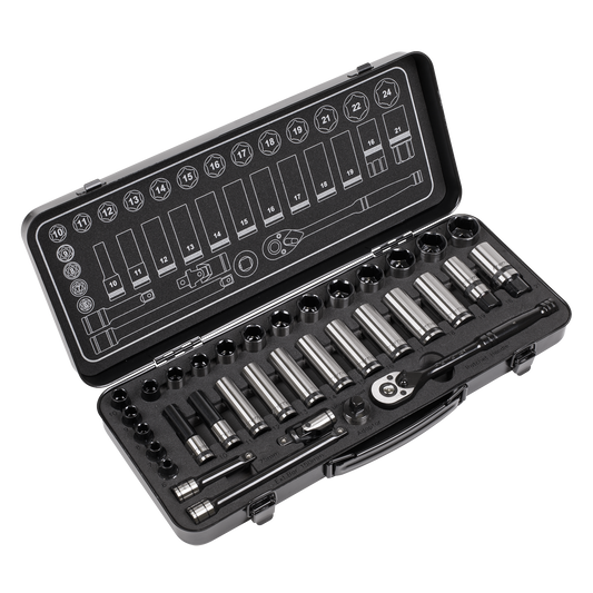 Sealey 34 Pcs 3/8" Square Drive 6 Point WallDrive Black Series Socket Set AK7971