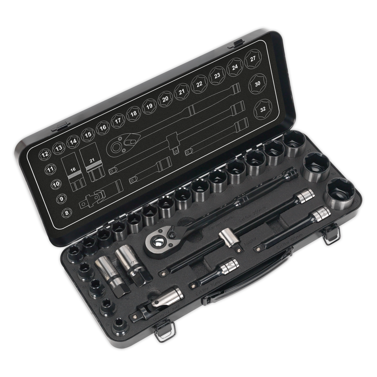 Sealey 28 Pcs 1/2" Square Drive 6 Point WallDrive Black Series Socket Set AK7972