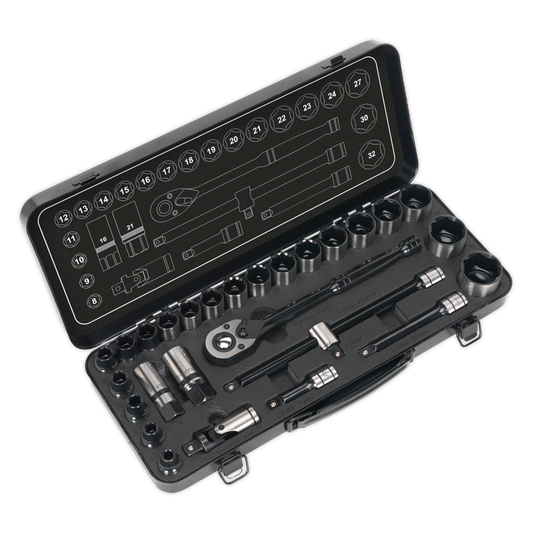 Sealey 28 Pcs 1/2" Square Drive 6 Point WallDrive Black Series Socket Set AK7972