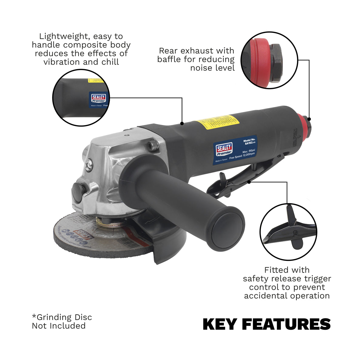 Sealey Ø100mm Air Angle Grinder Composite Body With Side Handle & Spanner SA152