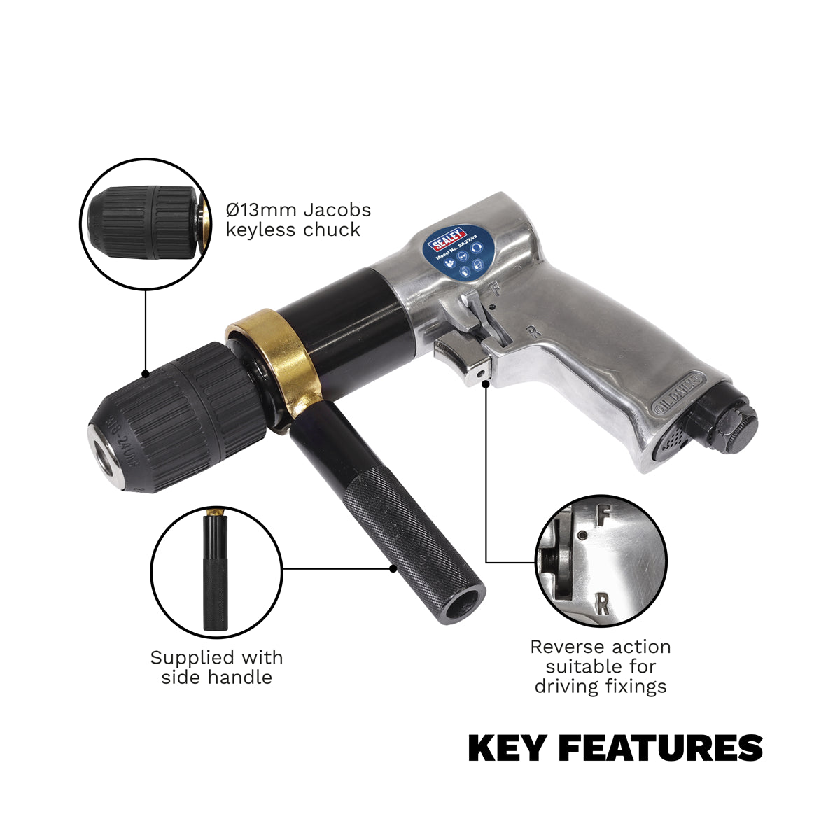 Sealey 13mm 700rpm Air Drill Reversible Keyless Chuck With Side Handle SA27