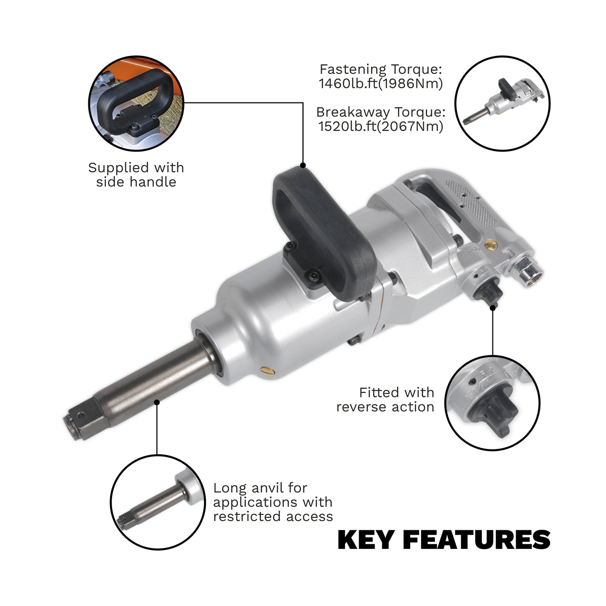 Sealey 1" Square Drive Air Impact Wrench Straight Long Anvil 4000 RPM SA29/S