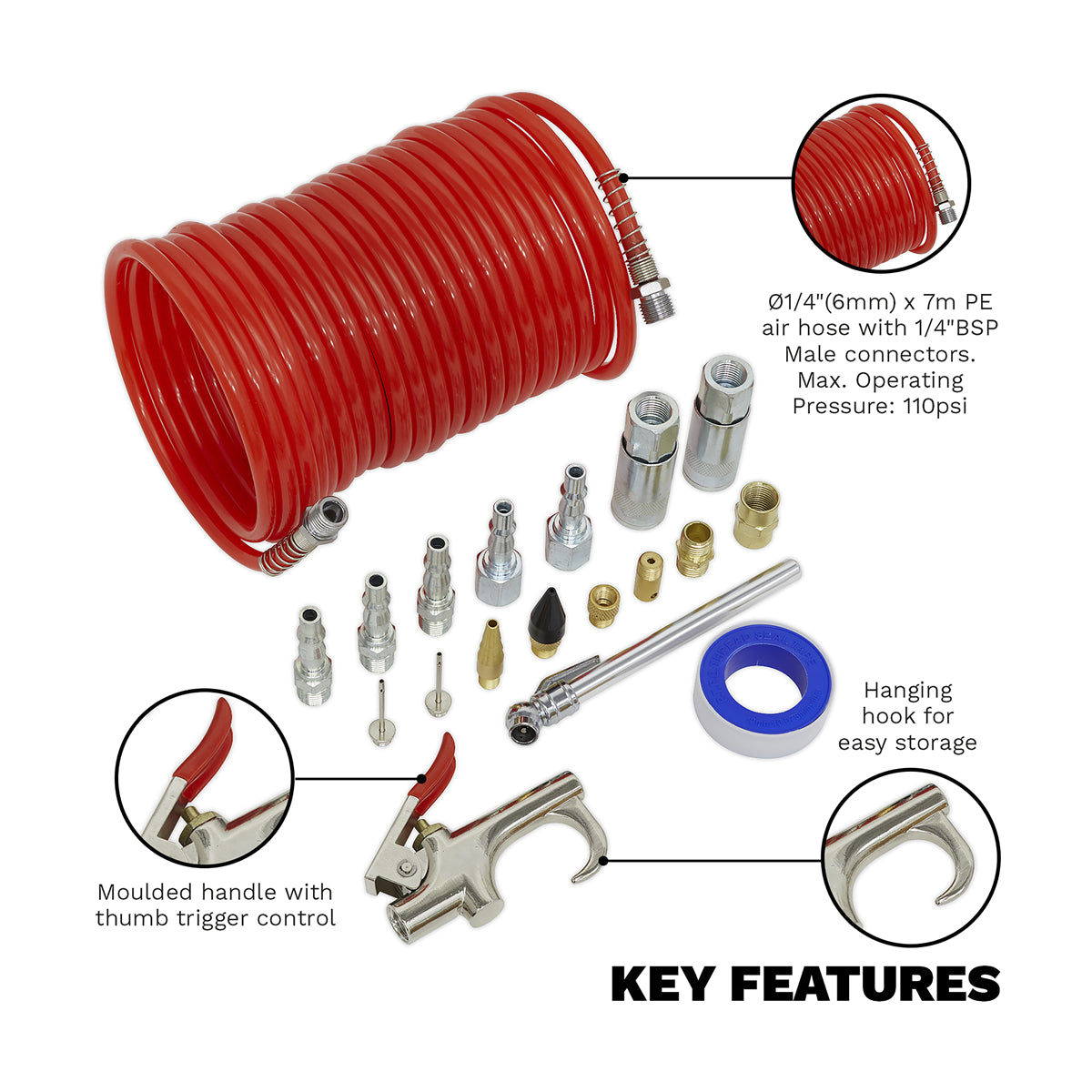 Sealey Air Blow Gun Kit With Jet and Safety Nozzle 1/4" BSP 19 Pieces SA320K