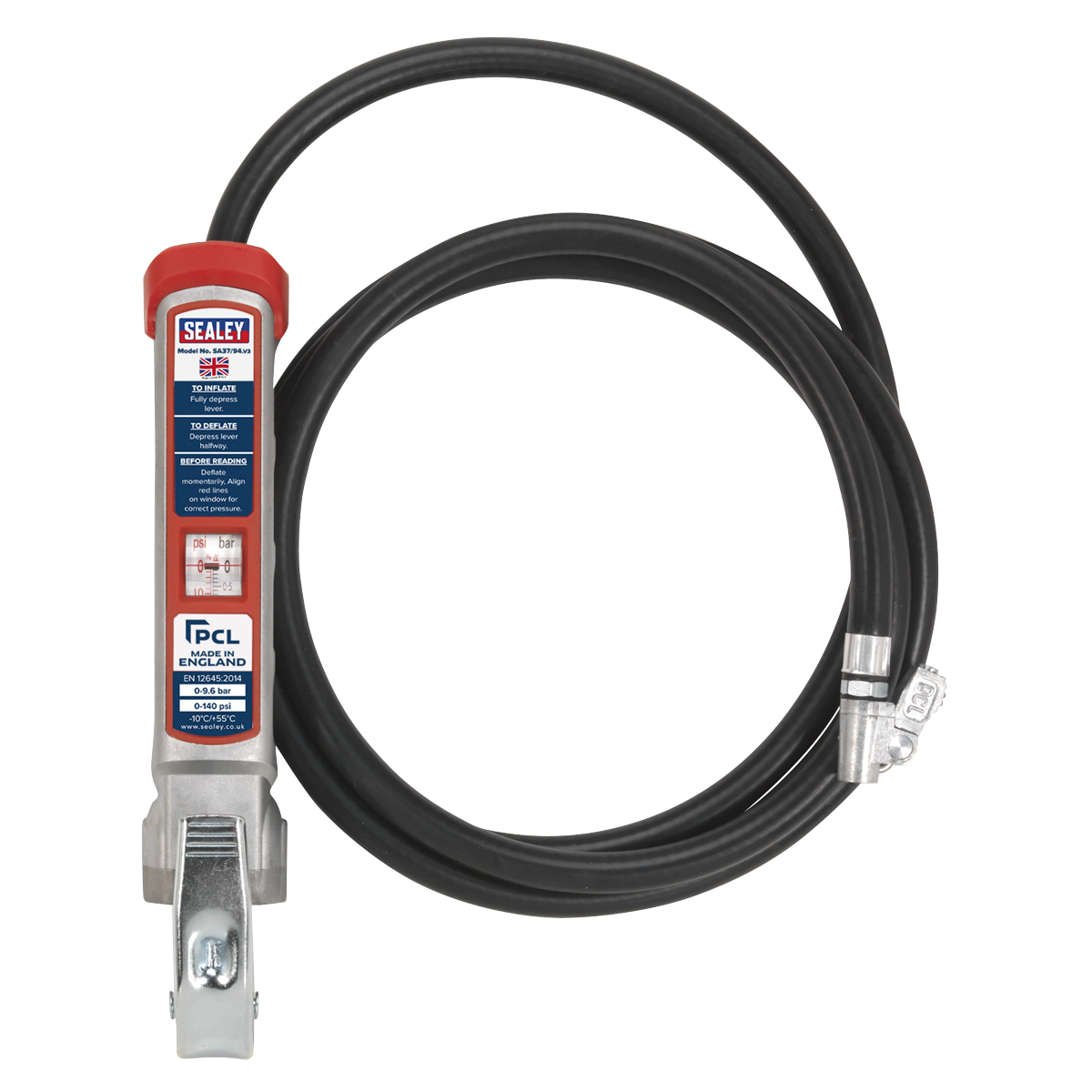 Sealey Professional Tyre Inflator W/ 2.75M Hose and Clip-On Connector SA37/94