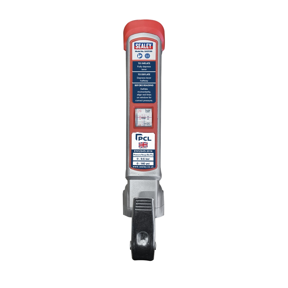Sealey Tyre Inflator 2.5m Hose With Twin Clip-On Connector 0-9.6bar SA37/95