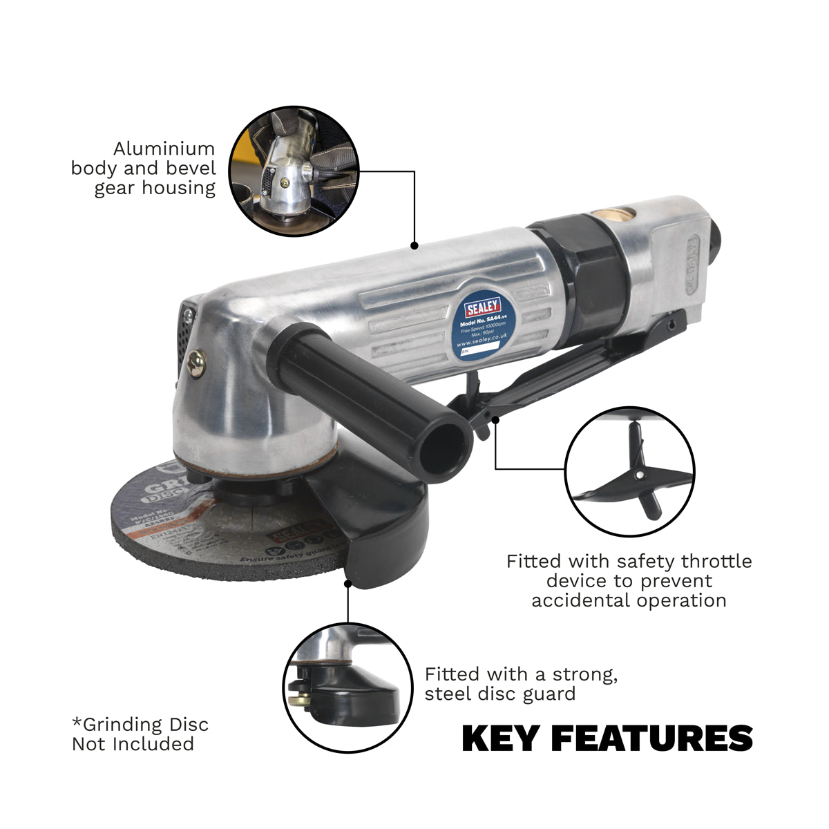 Sealey 100mm Air Angle Grinder Aluminium Body & Bevel Gear Housing SA44