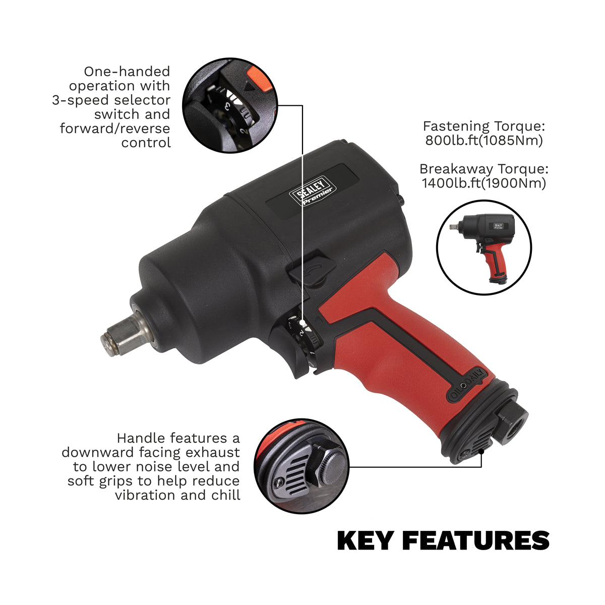 Sealey Air Impact Wrench 1/2" Square Drive Twin Hammer 5.4 CFM 7300 RPM SA6002