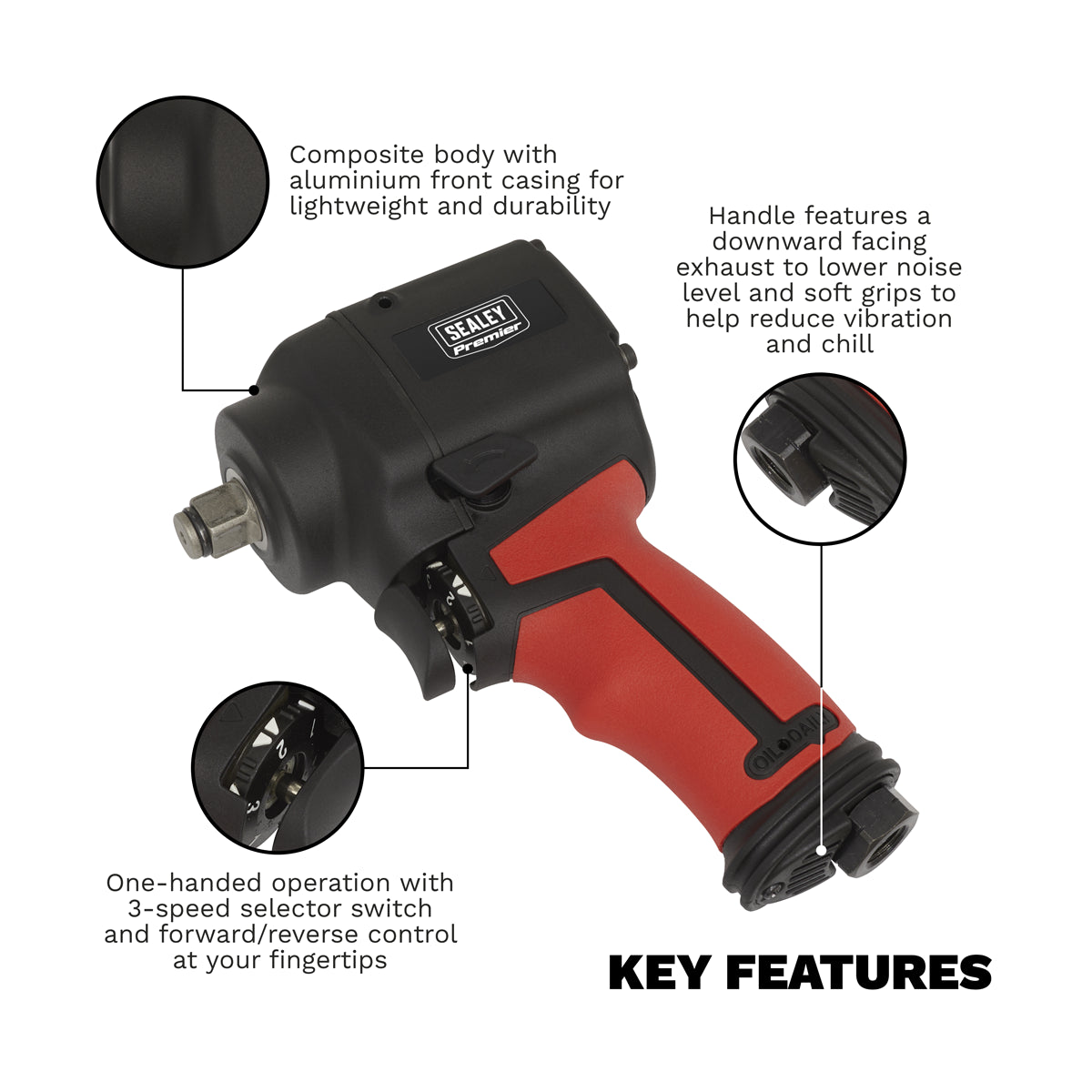 Sealey 1/2" Square Drive Stubby Air Impact Wrench - Twin Hammer 7800 RPM SA6002S