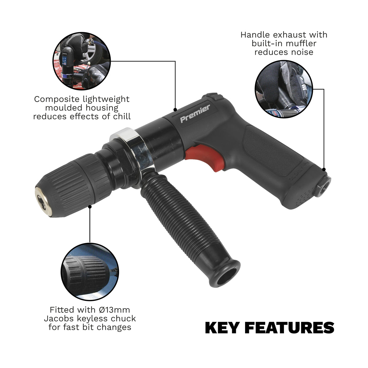 Sealey Ø13mm Composite Reversible Air Drill With Keyless Chuck 800RPM SA621
