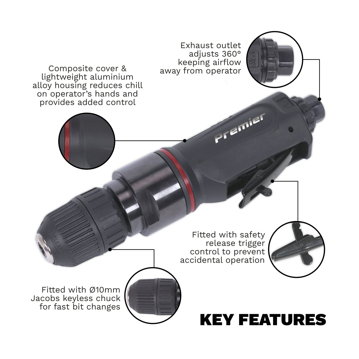 Sealey Ø10mm Straight Air Drill With Jacobs Keyless Chuck 500 RPM SA622