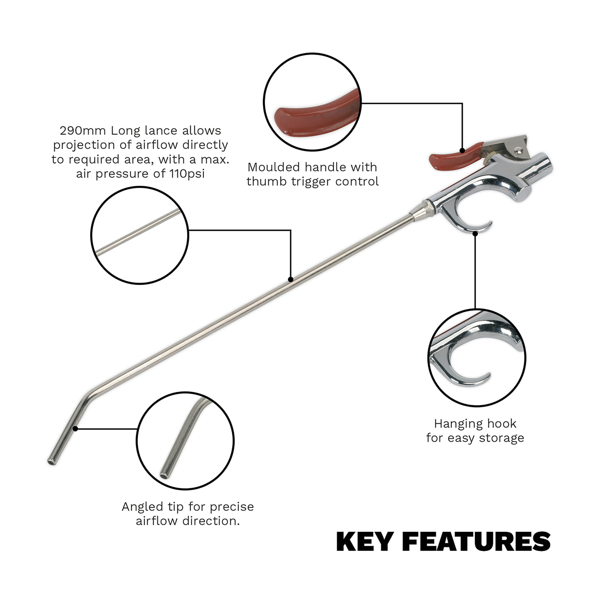 Sealey 290mm Air Blow Gun Palm Type With 1/4"BSP Air Inlet Moulded Handle SA913L