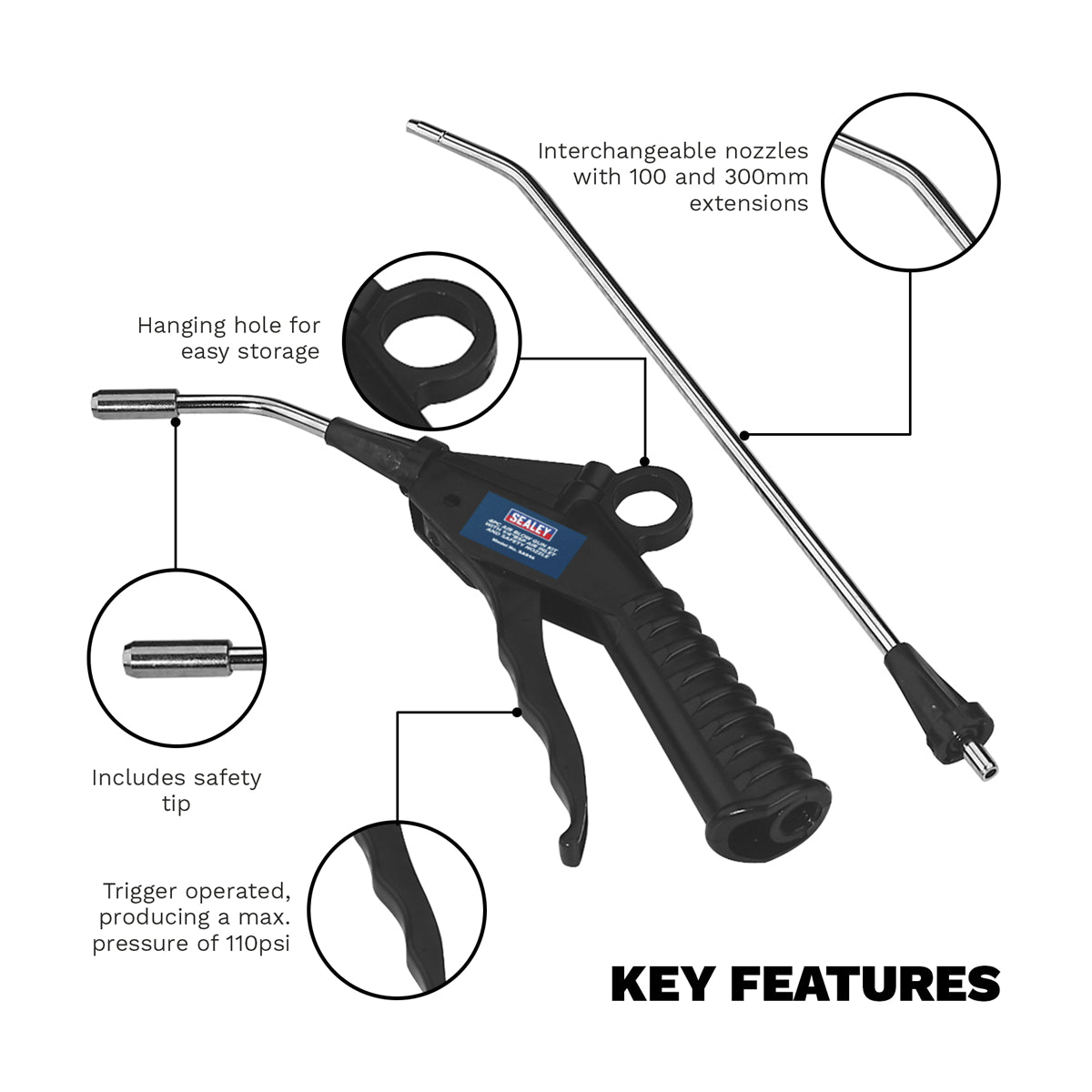Sealey 4pc Air Blow Gun Kit With 1/4" BSP Air Inlet & Safety Nozzle SA914