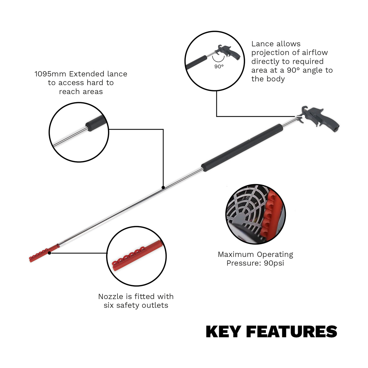 Sealey 1095mm Air Blow Gun - Side Outlet 1/4" BSP Air Inlet With Extended Lance