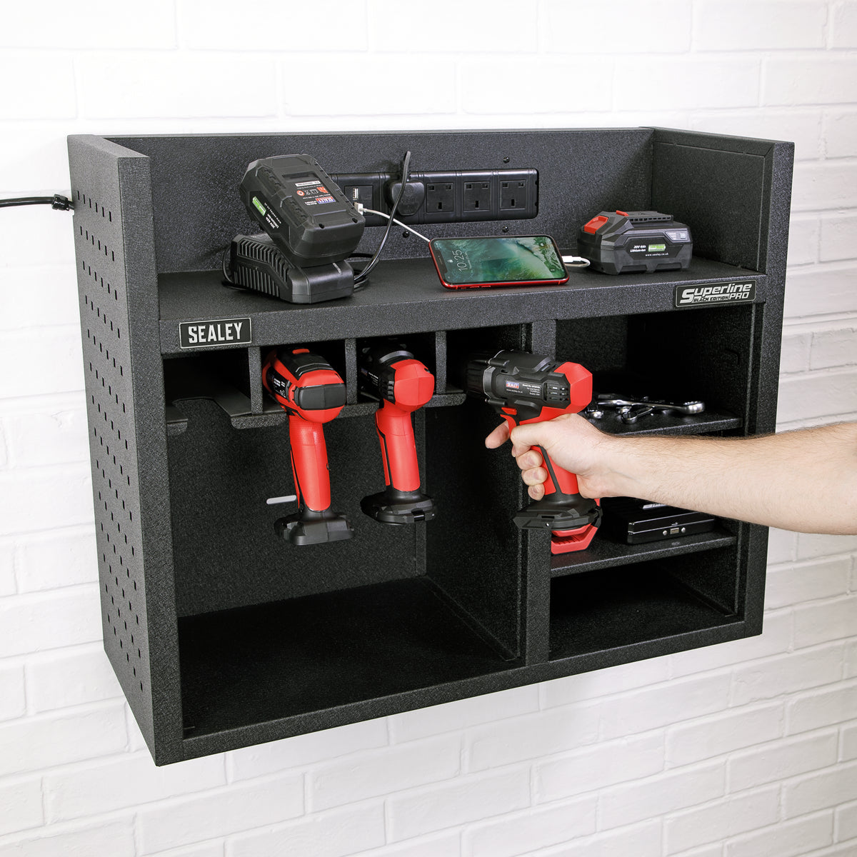 Sealey 760mm Power Tool Storage Rack With Power Strip Tool Organiser AP30SRBE