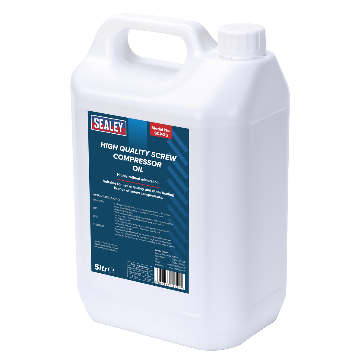 Sealey Highly Refined Mineral Oil For Screw Compressors 5L Container SCPO5