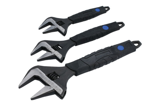 LASER 8676 Wide Mouth Adjustable Wrench Set 3pc Chrome Vanadium Steel Soft Grip