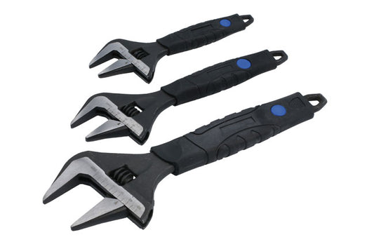 LASER 8676 Wide Mouth Adjustable Wrench Set 3pc Chrome Vanadium Steel Soft Grip