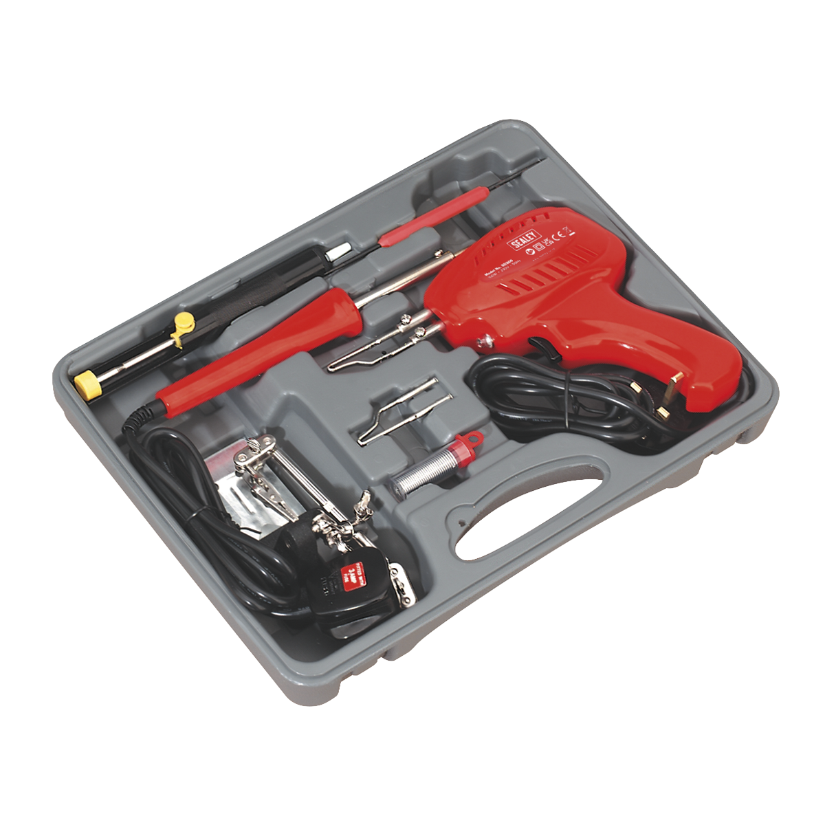 Sealey Soldering Gun Iron Kit 8 Pieces 3-Pin Plug Hand Tool With Case SD300K