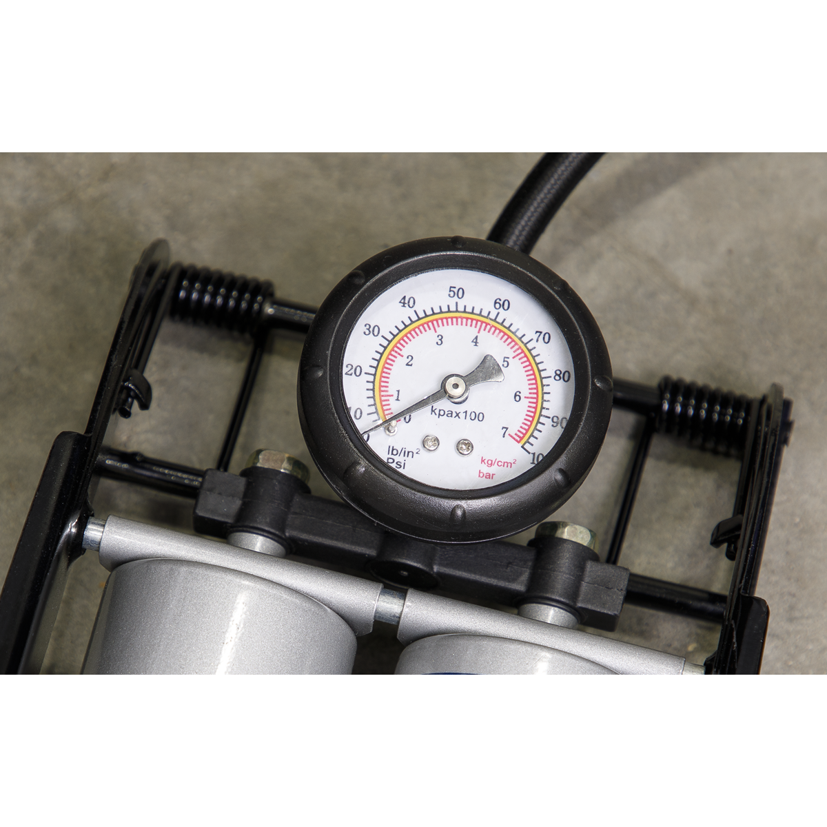 Sealey Foot Pump Twin Barrel Professional Steel Framed With Accessories FP4