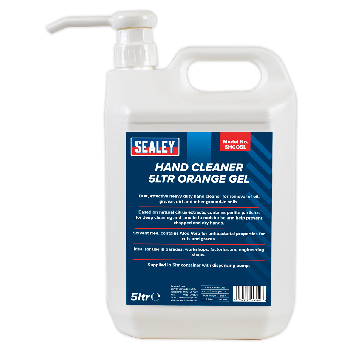 Sealey Heavy Duty Hand Cleaner 5L Container Orange Gel Solvent-Free SHCO5L