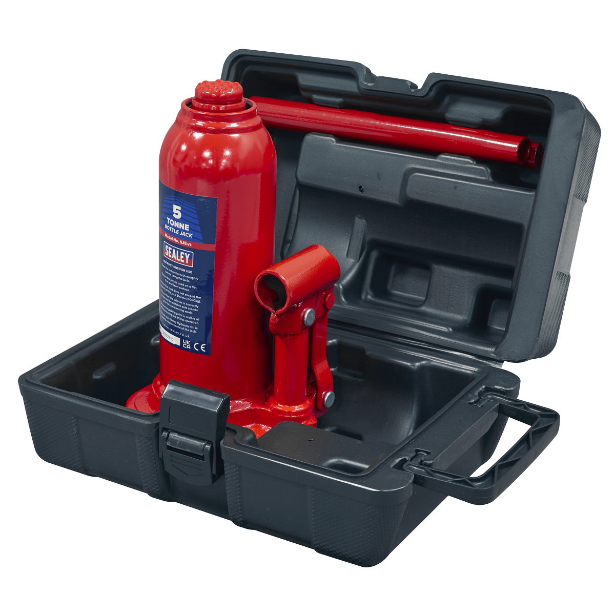Sealey Bottle Jack 5 Tonne With Carry-Case & 2-Piece Handle Red Tool SJ5BMC