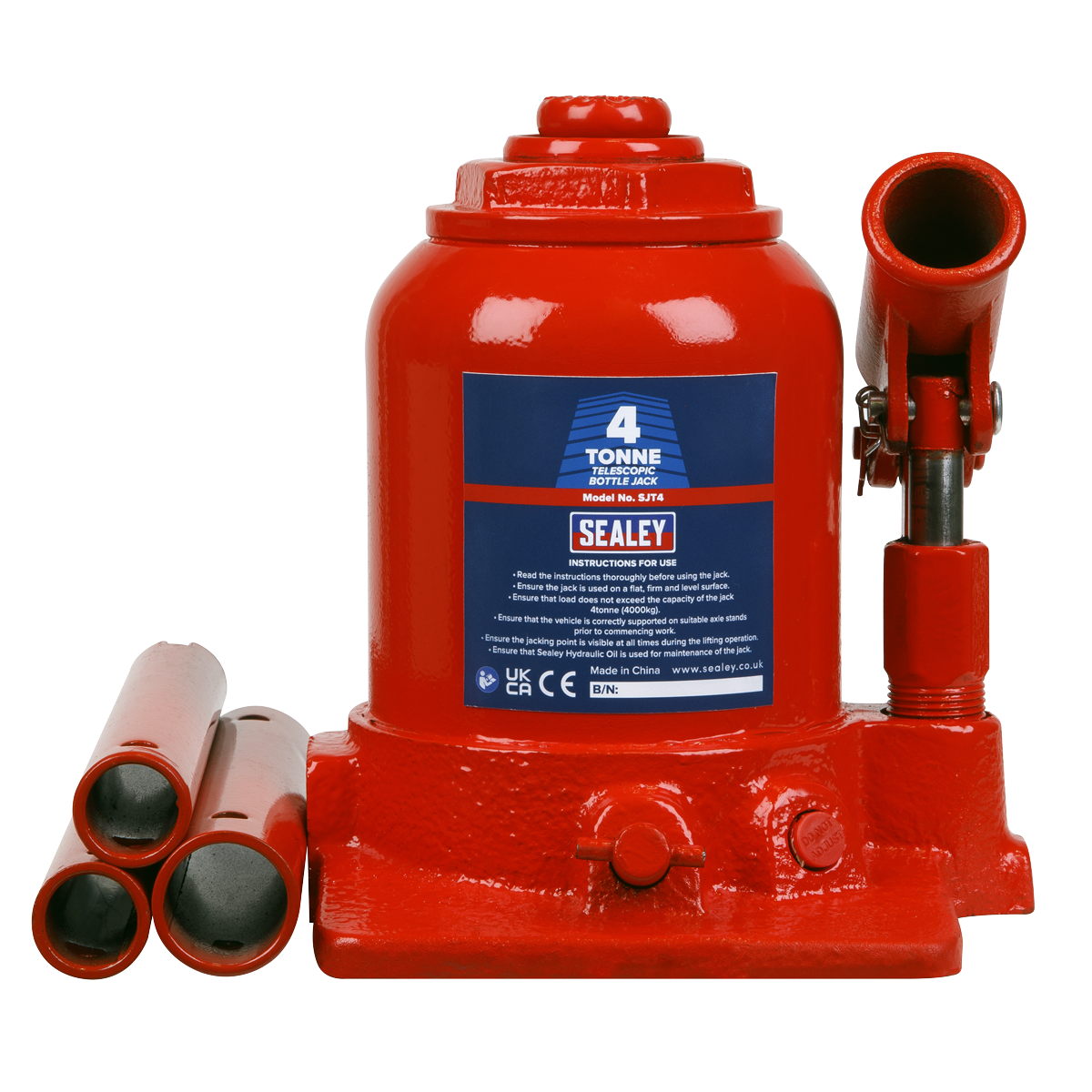 Sealey Bottle Jack 4 Tonne Telescopic With Overload Valve & 3-Piece Handle SJT4