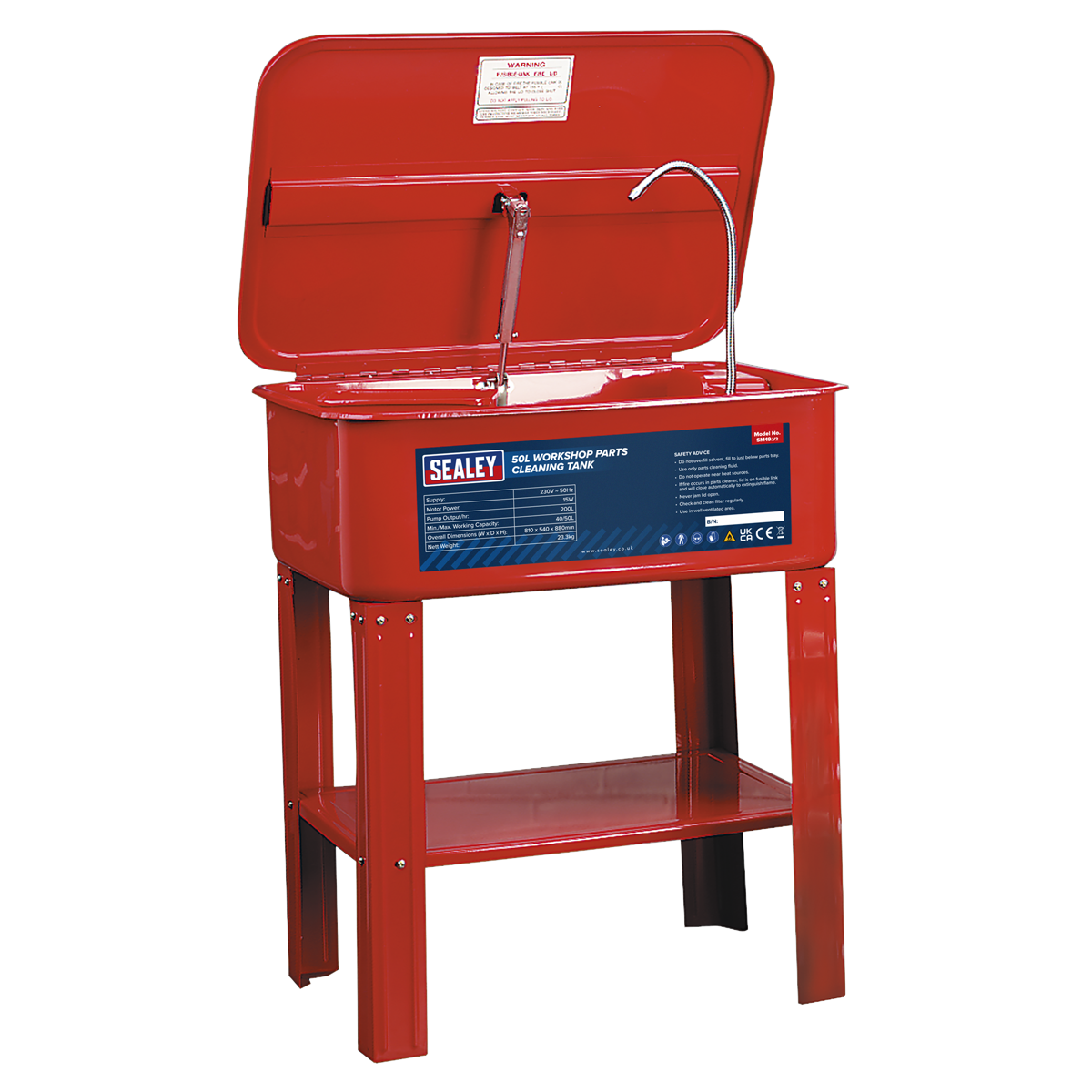 Sealey 50L Workshop Parts Cleaning Tank Motor Power 15W 230V - Red SM19