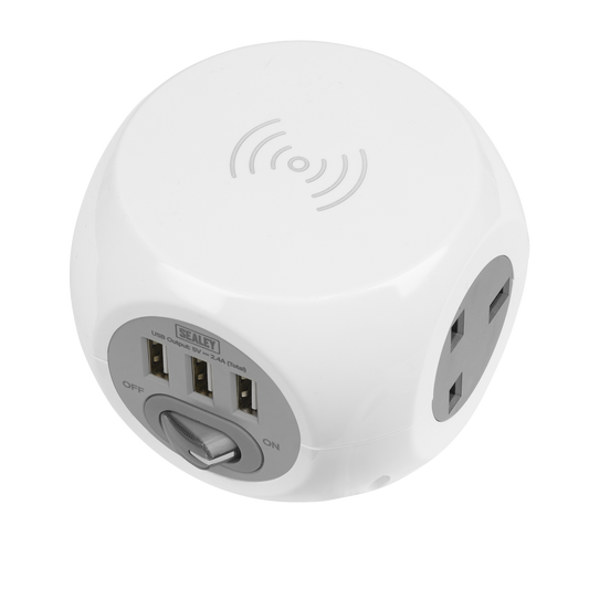 Sealey Extension Cable Cube 1.4m 230V 3-USB Socket Wireless Charging Pad EL144WC