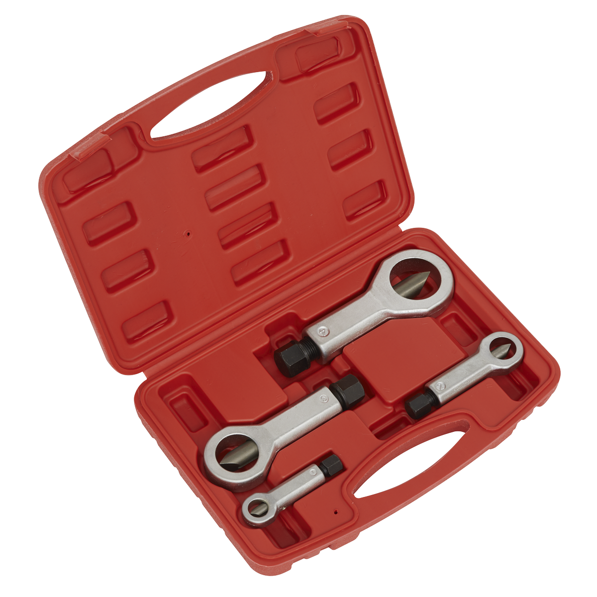 Sealey Nut Splitter Set Hardened Steel & Forged Grips 4 Pieces Storage Box AK85